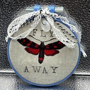 "5/$25" Small Blue Embroidery Hoop Alchemy Red Butterfly Moth Gallery Wall Art